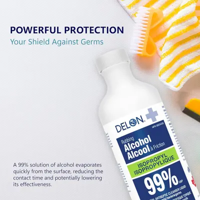 Communicates that the rubbing alcohol provides powerful protection against germs by highlighting its 99% alcohol concentration and fast evaporation properties.
