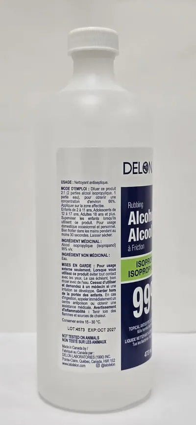 Shows the back label of the rubbing alcohol bottle to provide shoppers with detailed product information including ingredients, usage instructions, and safety warnings.