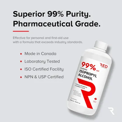 Communicates multiple quality and safety features to reassure shoppers that this isopropyl alcohol product meets high standards and is certified for personal and first-aid use.