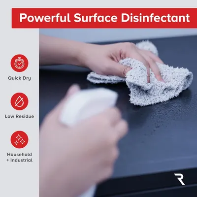 Communicates three key benefits of the surface disinfectant to reassure shoppers it dries quickly, leaves minimal residue, and works in multiple environments.