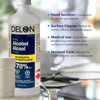 Demonstrates the versatility of the rubbing alcohol by showing four different use cases where the product is effective, helping shoppers understand its multiple applications.