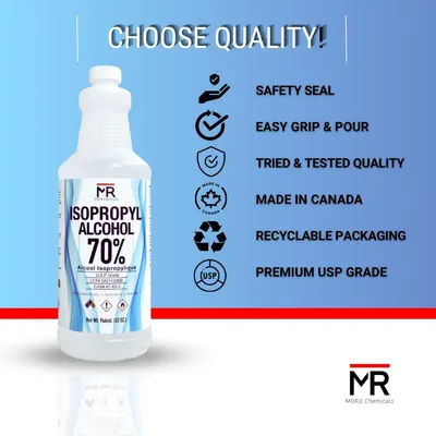 Communicates multiple quality and safety features of the isopropyl alcohol product to reassure shoppers about its reliability, safety standards, and environmental responsibility.