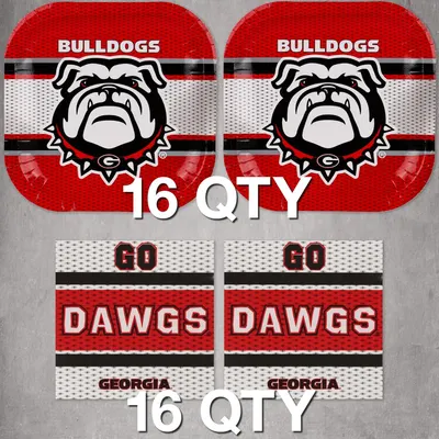 Shows the customer they will receive 16 pieces total in this party pack, including both round plates and square napkins with Georgia Bulldogs branding.