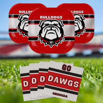 Shows the customer what items are included in the purchase, specifically three themed plates and multiple napkins with team branding.