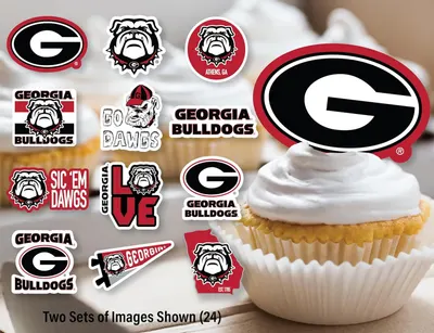 Shows all the different sticker designs included in the package to help shoppers understand the variety and quantity they will receive. Demonstrates how the stickers can be used as cupcake toppers…
