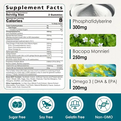 Showcases multiple key ingredients and product benefits to communicate the comprehensive nutritional profile and dietary attributes of the supplement gummies.