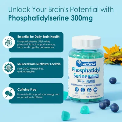Communicates multiple key benefits of the supplement including brain health support, natural sourcing from sunflower lecithin, and caffeine-free formulation to help shoppers understand the product's…