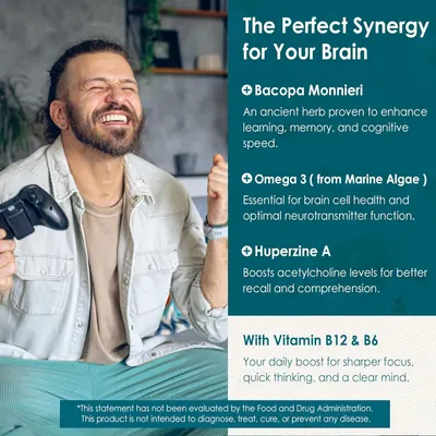 Communicates the multiple brain-enhancing ingredients in the product and their specific cognitive benefits including memory, learning, focus, and neurotransmitter function.