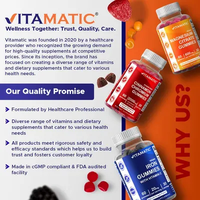 Communicates the brand's founding story, mission, and quality commitments to build trust and establish Vitamatic as a healthcare professional-founded supplement brand with rigorous safety standards.