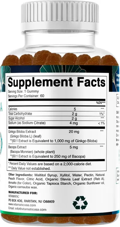 Displays the detailed supplement facts panel so shoppers can review serving size, nutritional content, active ingredients, and other ingredients included in the gummy supplement.