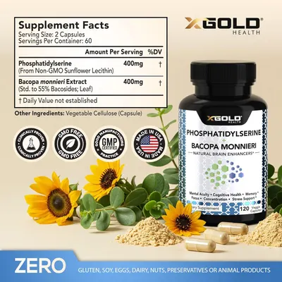 Communicates multiple product benefits including detailed supplement facts, quality certifications (GMO Free, GMP Certified, Made in USA), ingredient transparency, and allergen-free formulation to…