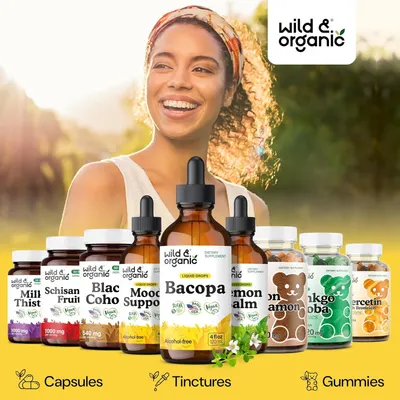 Emphasizes the Wild & Organic brand identity and showcases the full product line across multiple formats (capsules, tinctures, gummies) to build trust and demonstrate the breadth of offerings.