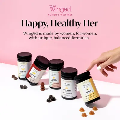 Emphasizes the Winged brand identity and positioning as a women's wellness company made by women for women with balanced formulas.