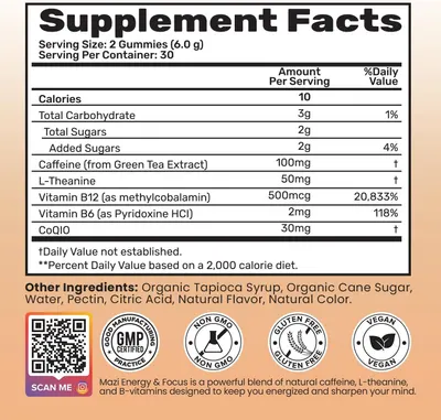 Communicates the nutritional information and key active ingredients in the gummies, along with certifications like GMP, Non-GMO, Gluten Free, and Vegan to build trust and inform shoppers about what…