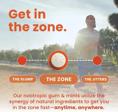 Communicates that the nootropic gum and mints help users achieve optimal mental focus and performance quickly in any setting.