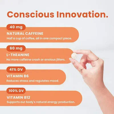 Showcases four key ingredients and their benefits in a segmented layout to communicate the product's comprehensive formula for energy, focus, mood regulation, and stress reduction.