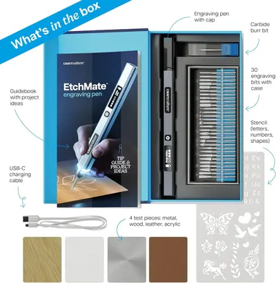 Shows everything included in the EtchMate engraving pen kit to help shoppers understand the full value and contents they will receive with their purchase.