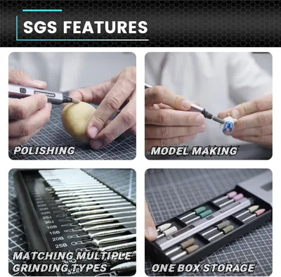Showcases four distinct features and use cases of the product to demonstrate its versatility for polishing, model making, multiple grinding options, and convenient storage.