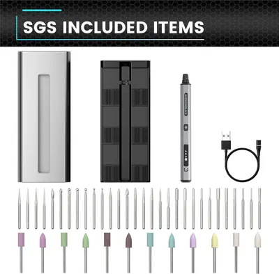 Shows all items included in the purchase to help shoppers understand the full value of the kit, including the main device, storage case, drill bits, sanding attachments, and charging cable.