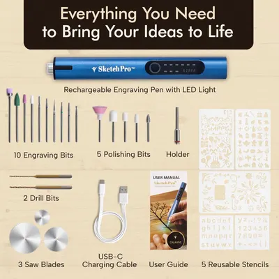 Shows everything included in the package to help shoppers understand the full value and completeness of the engraving pen kit they will receive.