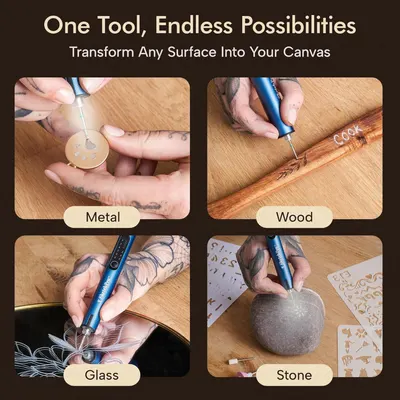 Demonstrates the versatility of the engraving tool by showing it can be used on multiple materials including metal, wood, glass, and stone, helping shoppers understand the wide range of applications.