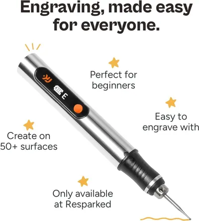 Communicates multiple benefits of the engraving tool including ease of use for beginners, compatibility with 50+ surfaces, and overall accessibility to reassure shoppers this product is simple and…