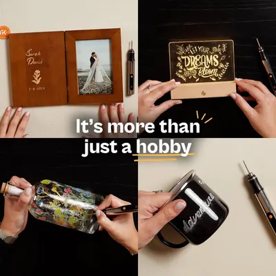 Demonstrates the versatility of the engraving tool by showing different use cases including personalized photo frames, inspirational plaques, decorative items, and custom mugs to communicate that…