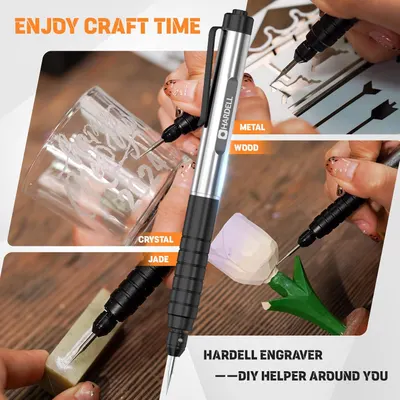 Demonstrates the engraver tool can be used on multiple materials including crystal, jade, metal, and wood, showing its versatility for various DIY and crafting projects.