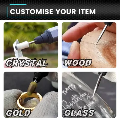 Demonstrates the versatility of the engraving tool by showing it can be used on crystal, wood, gold, and glass, helping shoppers understand the wide range of applications.
