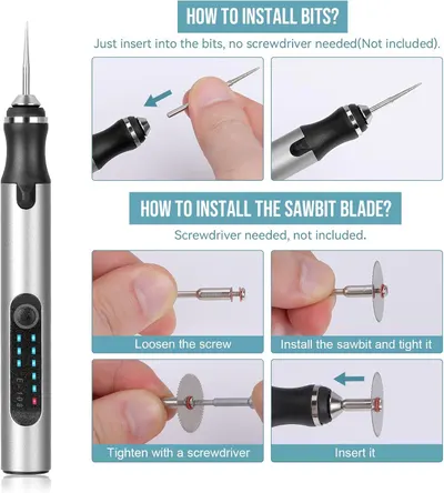 Provides step-by-step visual instructions on how to install bits and sawbit blades into the tool, reducing setup friction and answering common usage questions.