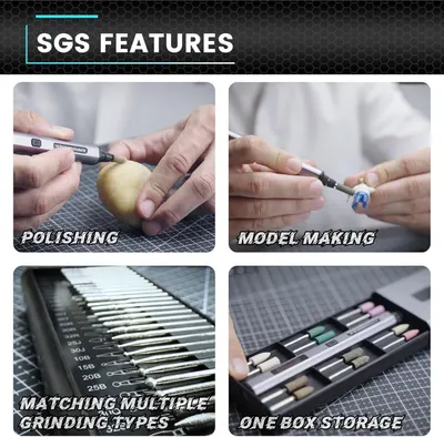 Showcases four distinct features and use cases of the product to demonstrate its versatility for polishing, model making, multiple grinding options, and organized storage.