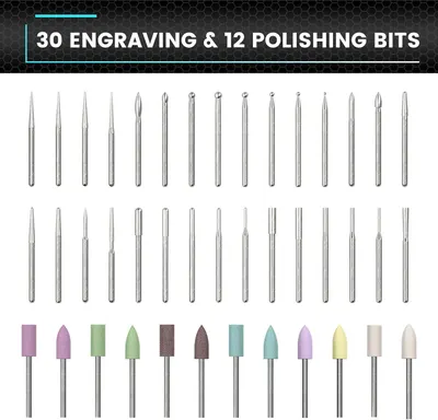 Shows the complete set of engraving and polishing bits included with the product to help shoppers understand the variety and quantity of tools they will receive.