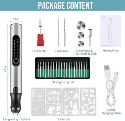 Shows everything included in the package so shoppers understand the full value and accessories they receive with the portable electric engraving tool.