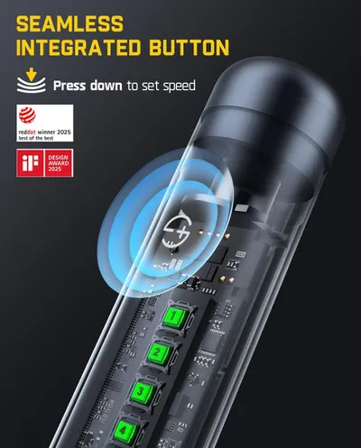 This image breaks down the internal structure of the product to showcase the seamless integrated button technology and how pressing down sets the speed, highlighting the sophisticated engineering…