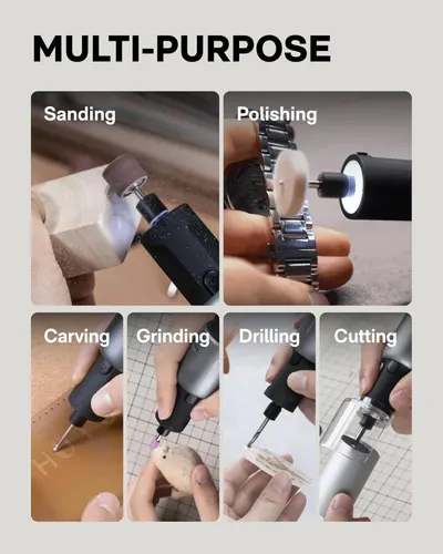 Demonstrates the versatility of the rotary tool by showing six different use cases, helping shoppers understand the product can handle multiple tasks and projects.