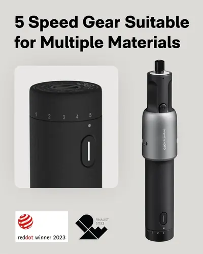 Communicates that the product has a 5-speed gear system that can handle multiple materials, emphasizing versatility and control for different applications.