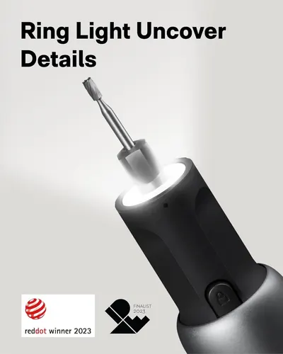 Highlights the built-in ring light feature and rotating bit holder mechanism to show shoppers the functional design details of this tool.