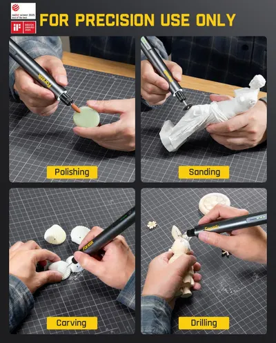 Demonstrates the versatility of the precision tool by showing four different use cases: polishing, sanding, carving, and drilling on various materials and objects.