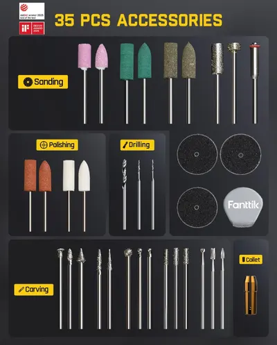 Shows the complete set of 35 accessories included with the product, organized by function (sanding, polishing, drilling, carving) to help shoppers understand the full value and versatility of what…