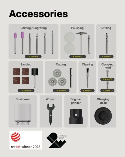 Shows all the accessories and tools included with the product to help shoppers understand the complete value and versatility of what they receive in the package.