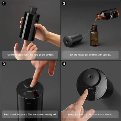 Provides step-by-step visual instructions on how to set up and use the oil diffuser, including removing the nozzle, filling with oil, reassembling, and powering on the device.