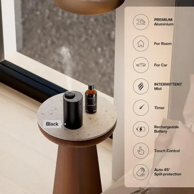 Showcases multiple key features and benefits of the diffuser to help shoppers understand its versatility, material quality, and convenience features in one comprehensive view.