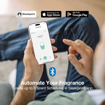 Communicates that the product can be controlled via smartphone app to automate fragrance schedules, offering convenience and customization through Bluetooth connectivity.