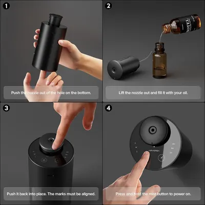 Provides step-by-step visual instructions on how to assemble, fill, and operate the oil diffuser to reduce friction during setup and ensure proper use.