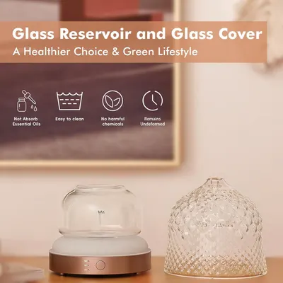 Communicates multiple benefits of the glass reservoir and cover, emphasizing health, safety, ease of maintenance, and durability to reassure shoppers about the quality and eco-friendly nature of the…