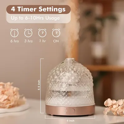 Communicates multiple key features including 4 timer settings (6hrs, 3hrs, 1hr, ON), up to 6-10 hours usage capacity, and the physical dimensions (5.5 inch height, 5 inch width) to help shoppers…