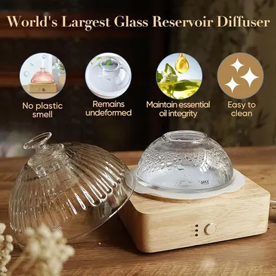 Showcases four distinct benefits of the glass reservoir diffuser to communicate quality, durability, and ease of maintenance to shoppers.