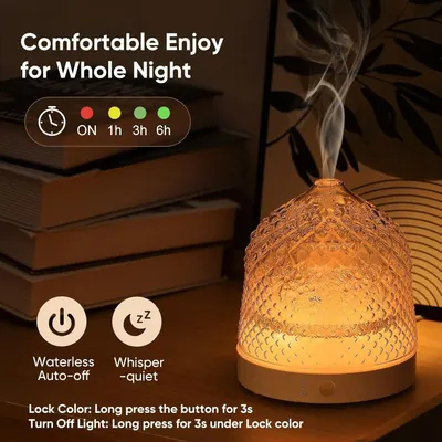 Showcases multiple key features of the diffuser including timer options, auto-shutoff safety, quiet operation, and color control to demonstrate versatility and convenience for nighttime use.