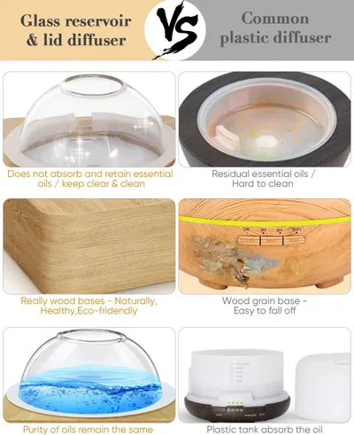 Demonstrates why the glass reservoir and lid diffuser with real wood base is superior to common plastic diffusers by showing multiple advantages including cleanliness, material quality, and oil…