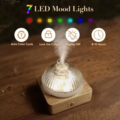 Showcases multiple key features of the diffuser including the 7 color options, auto-cycling capability, color lock function, display off mode, and long battery life to help shoppers understand the…